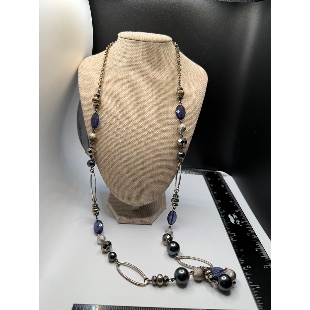 Long Purple and Silver Beaded Statement Necklace Mixed Media Multi Strand Style